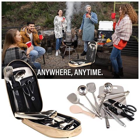 Set Da 12 Pezzi Per Campeggio Portatile - Utensili Da Cucina In Acciaio Inox Con Borsa In Tessuto Oxford Coffee - Foto 5