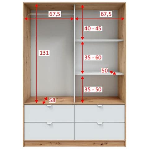 Armadio Camera Da Letto Ponna - Guardaroba 2 Ante 4 Cassetti, 140x200h Cm Marrone Rovere Nodi - Foto 2