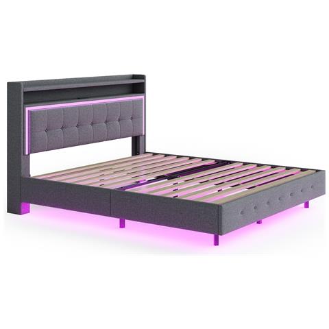 Letto Imbottito Elegante Con Rivestimento In Lino E Tecnologia Led Integrata - Foto 2
