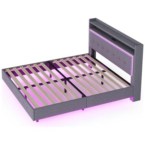 Letto Imbottito Elegante Con Rivestimento In Lino E Tecnologia Led Integrata - Foto 1