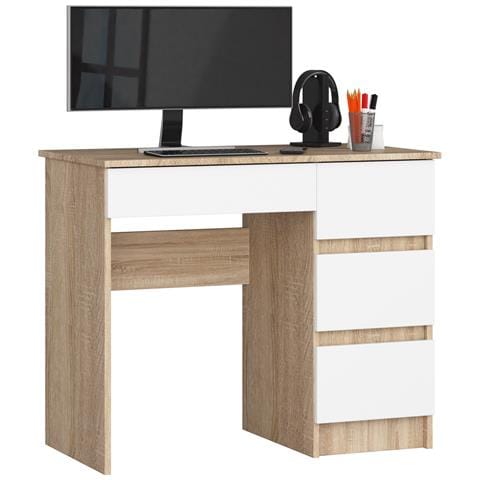 Scrivania per computer A7 destro, 4 cassetti, 90x50x77 cm, Colore Sonoma Quercia e Bianco - Foto 1