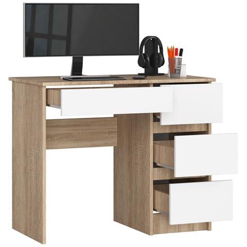 Scrivania per computer A7 destro, 4 cassetti, 90x50x77 cm, Colore Sonoma Quercia e Bianco - Foto 2