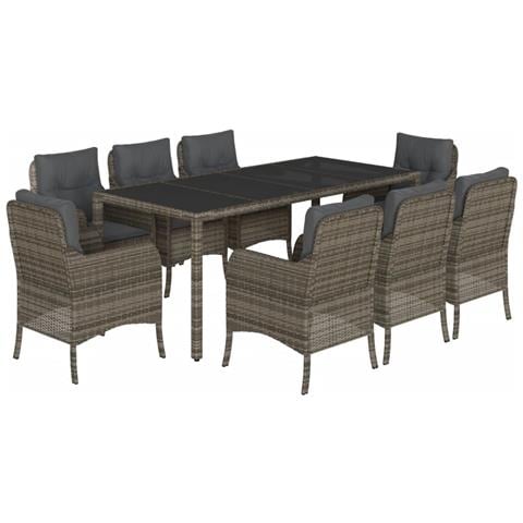 Set da Pranzo da Giardino 9 pz con Cuscini in Polyrattan Grigio - Foto 1