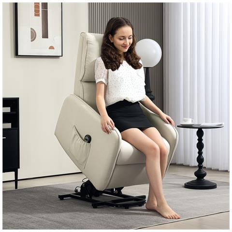 Poltrona Alzapersona Elettrica Reclinabile con Telecomando e Tasca in Tessuto, Beige - Foto 2