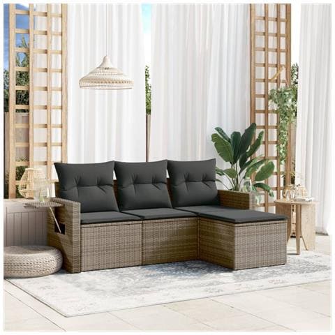 Set Divani Da Giardino 4 Pz Con Cuscini In Polyrattan Grigio - Foto 1