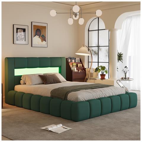 Omaha Letto Nuvola Led Con Cassettiera 160x200cm Velluto Verde - Foto 1