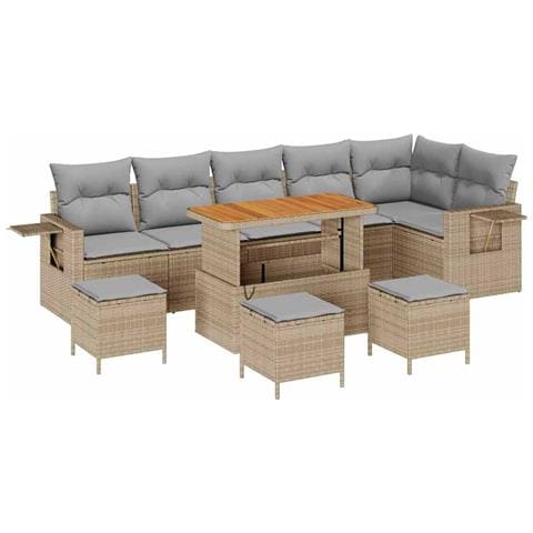 Set di 10 Pezzi di Sofa da Giardino con Cuscini Beige in Polyrattan Acacia,  Set da Pranzo di Giardino di 4 Pezzi con Cuscini Beige in Polyrattan Acacia - Foto 1