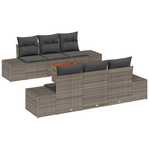 Set Divano da Giardino da 7 Pezzi con Cuscini Grigi in Polyrattan e Acacia - Foto 1