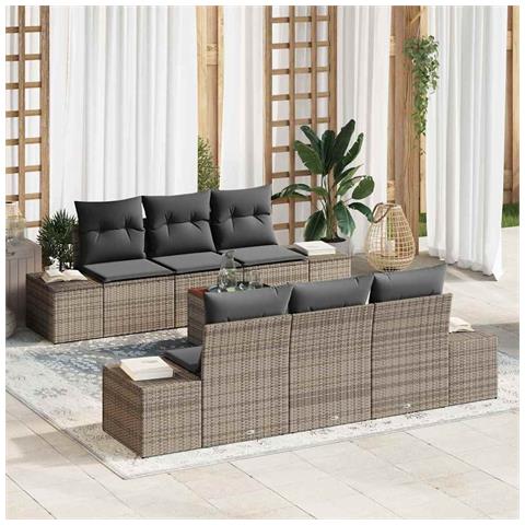 Set Divano da Giardino da 7 Pezzi con Cuscini Grigi in Polyrattan e Acacia - Foto 2