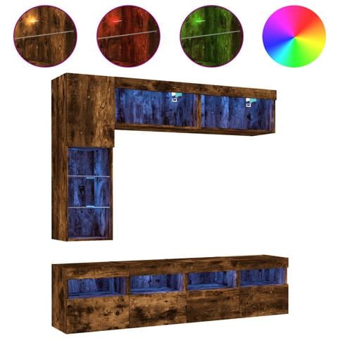 Set Mobili TV a Muro 7 pz con Luci LED Rovere Fumo - Foto 1