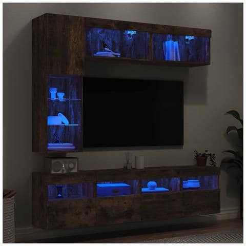 Set Mobili TV a Muro 7 pz con Luci LED Rovere Fumo - Foto 2