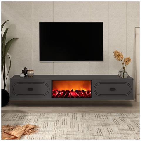 Fyra Porta Tv Con Camino A Led 150cm Grigio Antracite E Nero - Foto 1