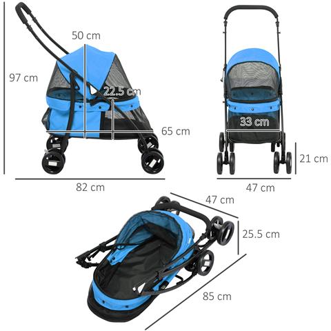 Passeggino Per Cani Pieghevole Con Tettuccio Regolabile E Ruote Girevoli, 82x47x97cm, Blu - Foto 2