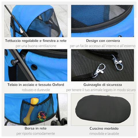 Passeggino Per Cani Pieghevole Con Tettuccio Regolabile E Ruote Girevoli, 82x47x97cm, Blu - Foto 6