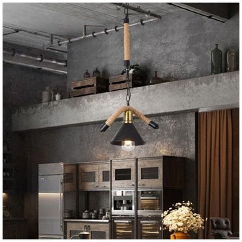 Lampadario Sospensione E27 Corda Canapa Pendente Campane Stile Rustico Vintage - Foto 2