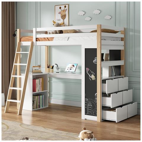 Letto A Soppalco 90x200 Cm, Letto A Soppalco Per Bambini, Letto Multifunzionale Per Bambini, Bianco + Natura - Foto 1