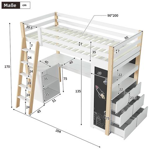 Letto A Soppalco 90x200 Cm, Letto A Soppalco Per Bambini, Letto Multifunzionale Per Bambini, Bianco + Natura - Foto 4