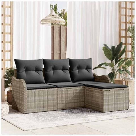 Set divani giardino 4 pezzi con cuscini grigio chiaro in polyrattan, Divano giardino 2 posti con spazio di archiviazione e cuscini grigio chiaro in polyrattan - Foto 2