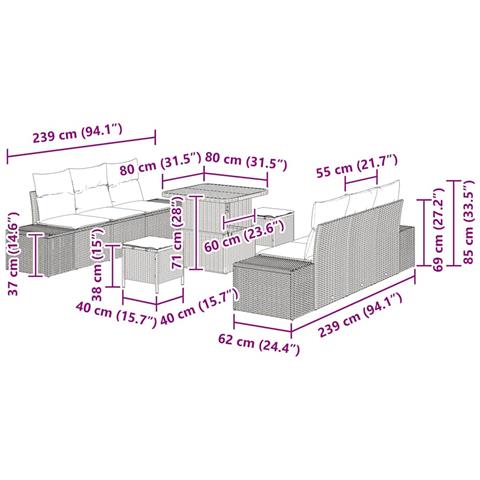 Set Divano Giardino 9 Pezzi con Cuscini Nero Polyrattan Acacia, Divano Giardino 2 Posti con Cuscini Nero Polyrattan, Set da Pranzo Giardino 3 Pezzi con Cuscini Nero Polyrattan Acacia - Foto 9