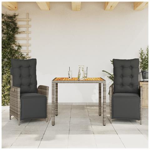 Set da Pranzo da Giardino 3 pz con Cuscini in Polyrattan Grigio - Foto 2