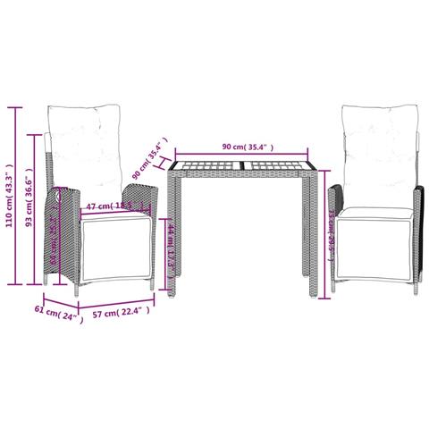 Set da Pranzo da Giardino 3 pz con Cuscini in Polyrattan Grigio - Foto 9