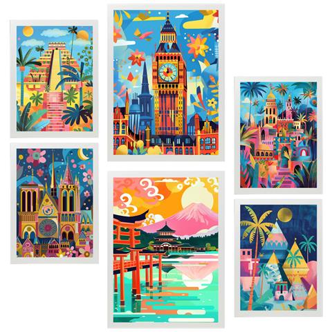 Set Di 6 Stampe Dipinti Ispirati A Mary Blair Monumenti Luxor Big Ben Egitto Chichen Itza Notre Dame Itsukushim A3 & A4 Cornice Bianca - Foto 1