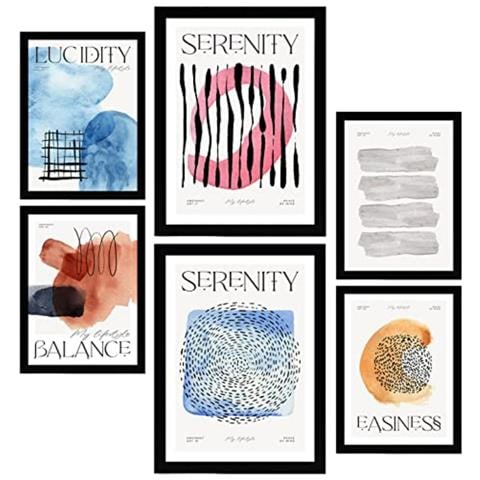 Set Di 6 Stampe Poster Astratti E Calmi Con Illustrazioni A Colori Per Mostre D'arte Estetica Per L'interior Design A3 & A4 Cornice Nera - Foto 1
