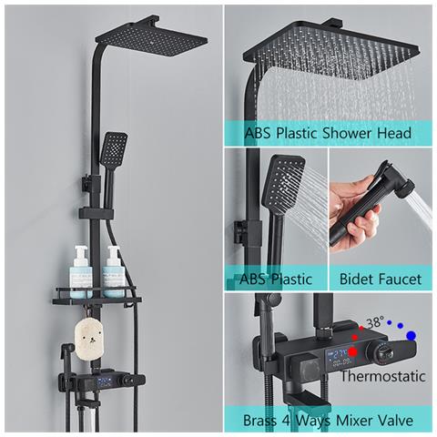 Colonna doccia, Blackswan, Tipo M116, modello nero con termostato, display digitale, bocca e doccetta bidet, misura 116 cm - Foto 2