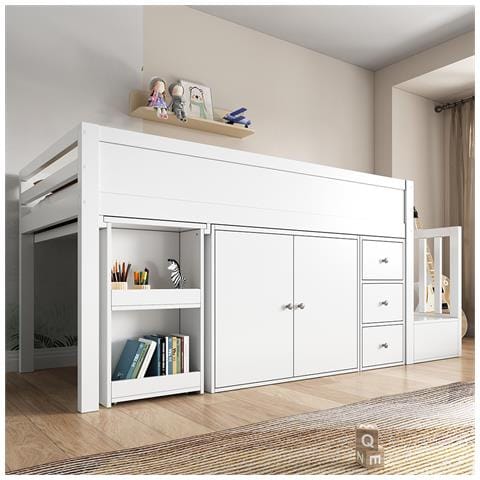 Letto A Soppalco 90x200 Cm, Letto A Soppalco Per Bambini, Letto Multifunzionale Per Bambini, Bianco - Foto 1
