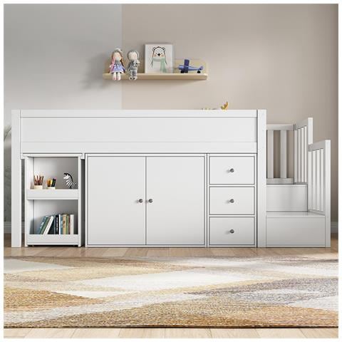 Letto A Soppalco 90x200 Cm, Letto A Soppalco Per Bambini, Letto Multifunzionale Per Bambini, Bianco - Foto 2