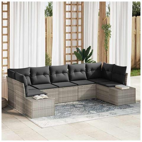 Set divano da giardino da 7 pezzi con cuscini grigio chiaro in polirattan - Foto 2