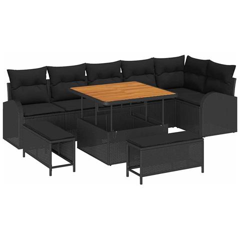 Set divano giardino 9 pezzi con cuscini Nero Polyrattan Acacia, Divano giardino 2 posti con cuscini Nero Polyrattan, Set da pranzo giardino 3 pezzi con cuscini Nero Polyrattan Acacia - Foto 1