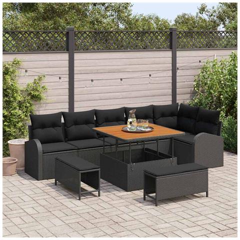 Set divano giardino 9 pezzi con cuscini Nero Polyrattan Acacia, Divano giardino 2 posti con cuscini Nero Polyrattan, Set da pranzo giardino 3 pezzi con cuscini Nero Polyrattan Acacia - Foto 2
