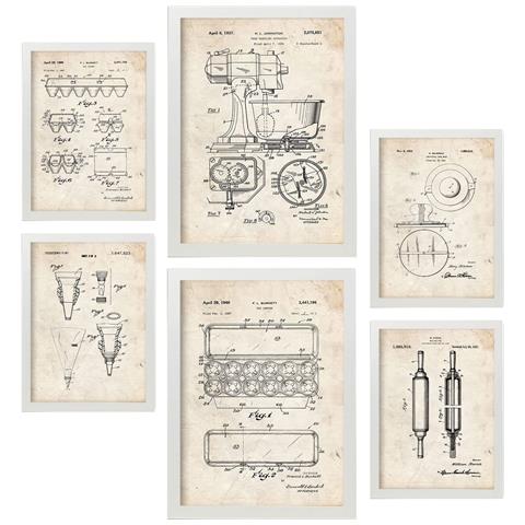 Set Di 6 Stampe Poster Con Brevetti Di Elettrodomestici Da Cucina Poster Con Immagini Di Brevetti Retrò Design D'interni In Stile Vintage A3 & A4 Cornice Bianca - Foto 1