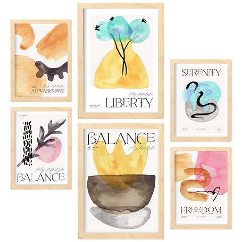Set Di 6 Stampe Poster Di Equilibrio Astratto Con Illustrazioni A Colori Di Mostre D'arte Estetica Per A3 & A4 Telaio In Legno Chiaro - Foto 1