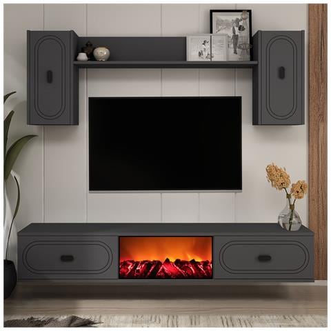Vibra Set Porta Tv Con Mensole A Muro E Camino A Led 150 Cm Grigio Antracite - Foto 1