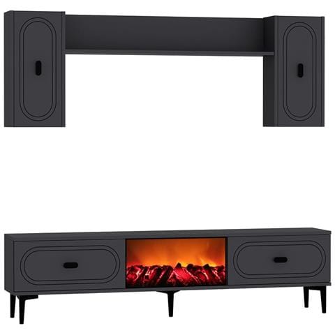 Vibra Set Porta Tv Con Mensole A Muro E Camino A Led 150 Cm Grigio Antracite - Foto 2