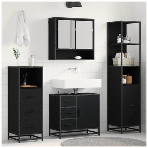 Set di mobili per il bagno 4 pcs Rovere Nero Legno multistrato - Foto 2