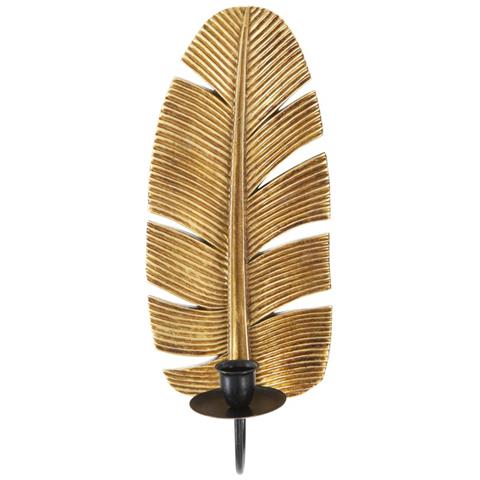 Portacandela Foglia 2 - Oro - Poliresina - 12,8x8,9x31,2 Cm - Foto 1