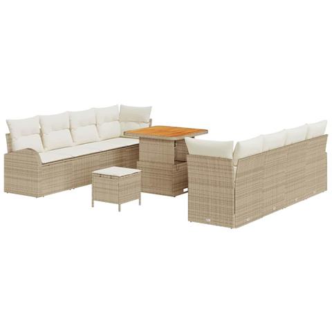 Set Divano da Giardino 11 Pezzi con Cuscini Beige Polyrattan Acacia, Divano da Giardino 2 Posti con Ripostiglio e Cuscini Beige Polyrattan, Set da Pranzo da Giardino 3 Pezzi con Cuscini Beige Polyrattan Acacia - Foto 1
