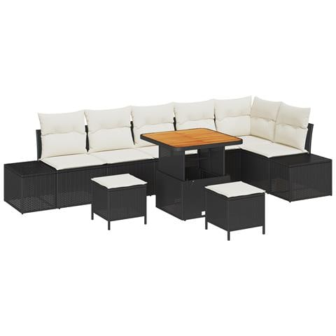 Set Divano Giardino 9 Pezzi con Cuscini Nero Polyrattan Acacia, Divano Giardino 2 Posti con Ripostiglio & Cuscini Nero Polyrattan, Set da Pranzo Giardino 3 Pezzi con Cuscini Nero Polyrattan Acacia - Foto 1