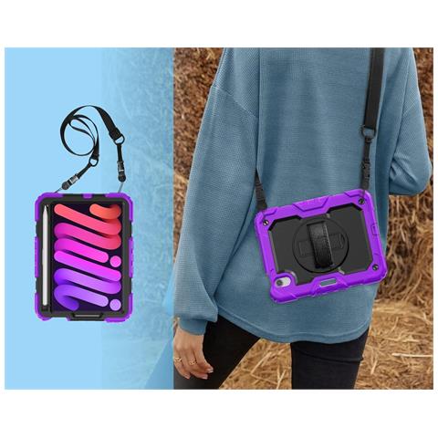 Custodia Per Ipad Mini 6 8.3"" Con Supporto E Tracolla Viola - Foto 4