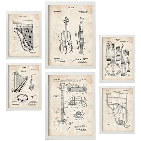 Set Di 6 Stampe Poster Con Brevetti Di Strumenti A Corda Poster Con Immagini Di Brevetti Retrò Design D'interni In Stile Vintage A3 & A4 Cornice Bianca - Foto 1