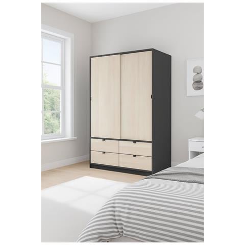 Armadio Camera Da Letto Ponna - Guardaroba 2 Ante 4 Cassetti, 140x200h Cm Nero Antracite - Foto 2