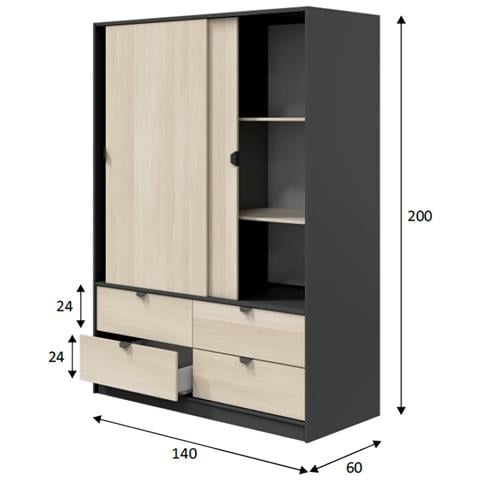 Armadio Camera Da Letto Ponna - Guardaroba 2 Ante 4 Cassetti, 140x200h Cm Nero Antracite - Foto 8