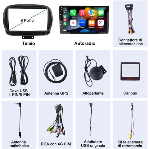 9 Pollici Autoradio Per Fiat 500x (2014-2020) Android 13 (6g+128gb) Car Radio Con Carplay Android Auto Con 4g Bt Comandi Al Volante Schermo Diviso Gps Navigazione - Foto 2