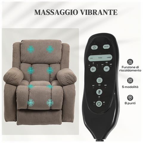 Poltrona Alzapersona Massaggiante e Reclinabile con 2 Tasche e Telecomando, 93x104x105 cm, Marrone Chiaro - Foto 2