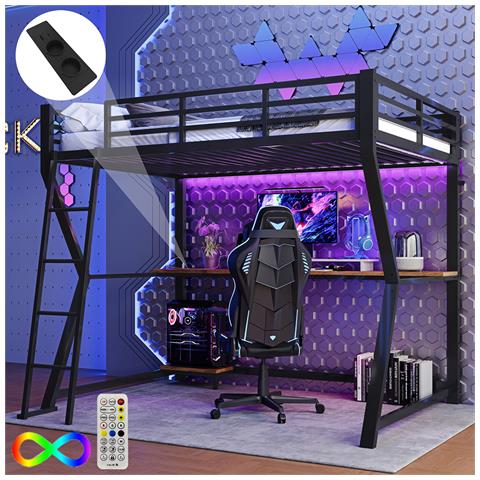 Letto A Soppalco 90x200cm , Luce Ambiente, Mensola Porta Computer, Scrivania, Presa+usb, Ringhiera, Scale, Senza Materasso, Nero - Foto 1