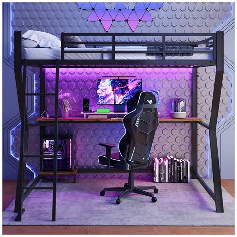 Letto A Soppalco 90x200cm , Luce Ambiente, Mensola Porta Computer, Scrivania, Presa+usb, Ringhiera, Scale, Senza Materasso, Nero - Foto 2
