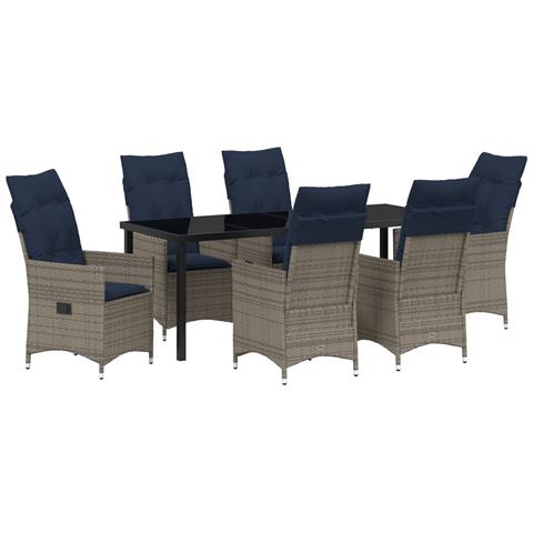 Set da pranzo da giardino 7 pezzi con cuscini in rattan grigio, Tavolo giardino nero 200x80x73 cm in vetro temperato - Foto 1